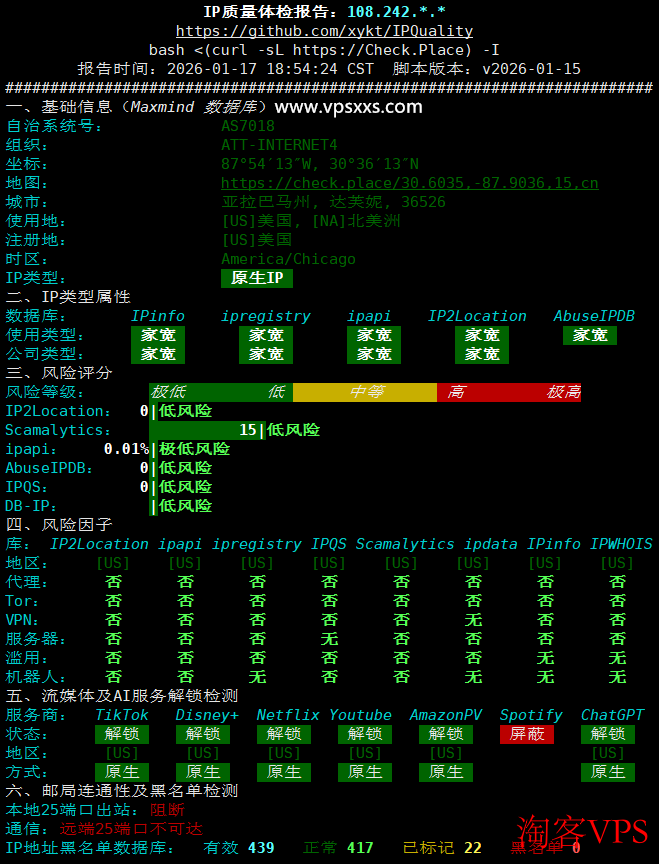 AaITR美国ATT静态家宽VPS IP质量体检结果