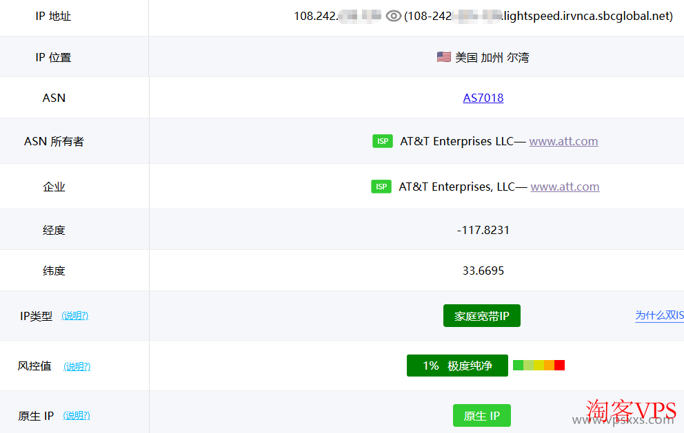ping0.cc检测确认AaITR美国ATT静态家宽VPS为家庭IP
