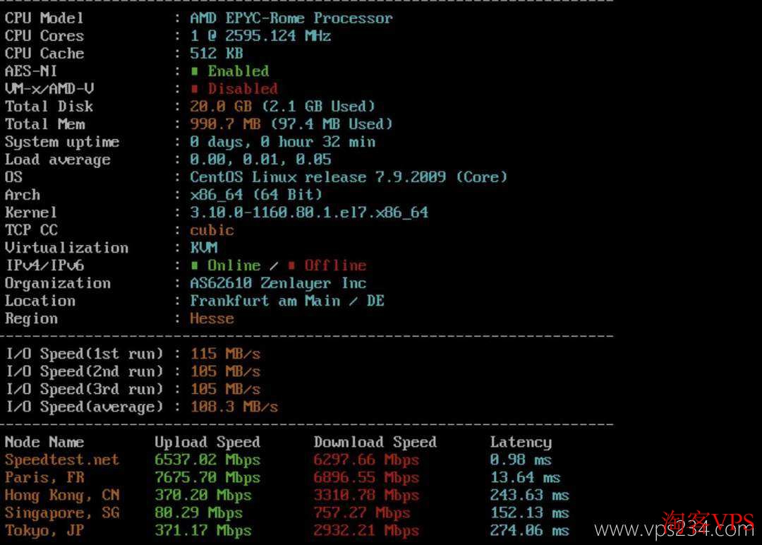 Zenlayer德国VPS服务器性能测试图，包括磁盘I/O和带宽速度