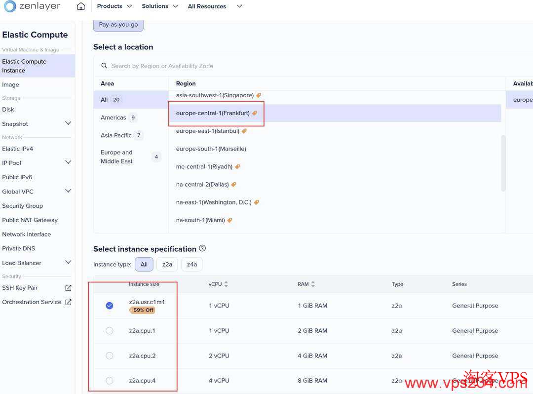 Zenlayer德国法兰克福节点配置套餐选择界面