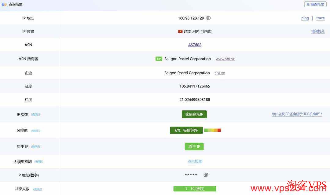 Ping0工具检测丽萨主机越南家宽VPSIP属性，家宽IP且纯净