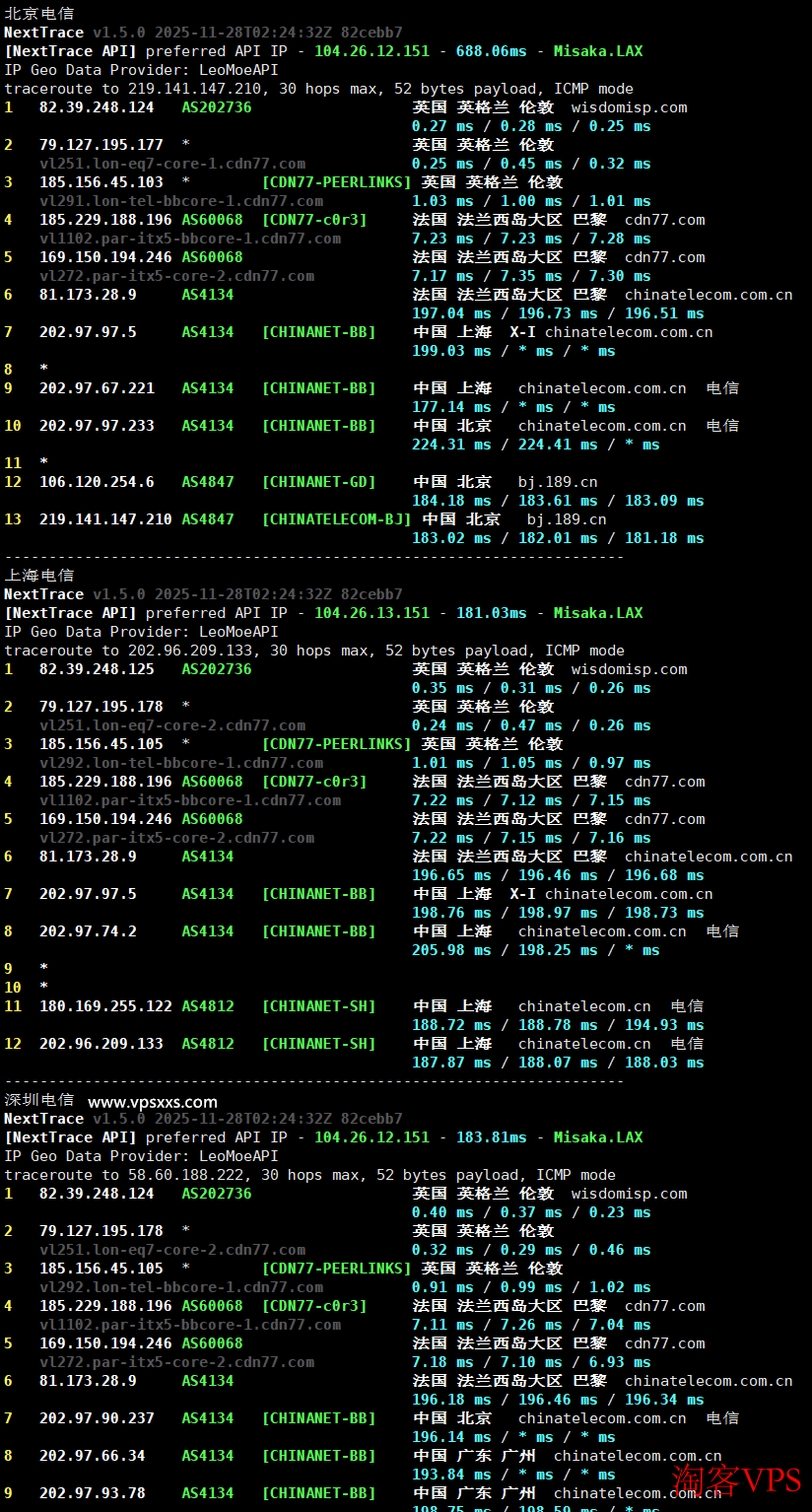 荫云英国双ISP VPS电信回程路由