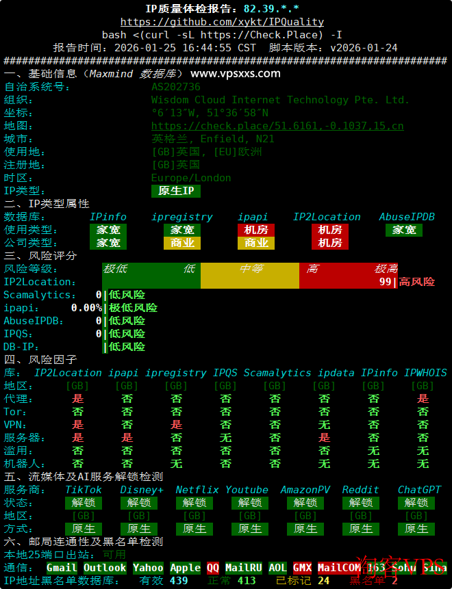 荫云英国双ISP VPS IP质量体检报告