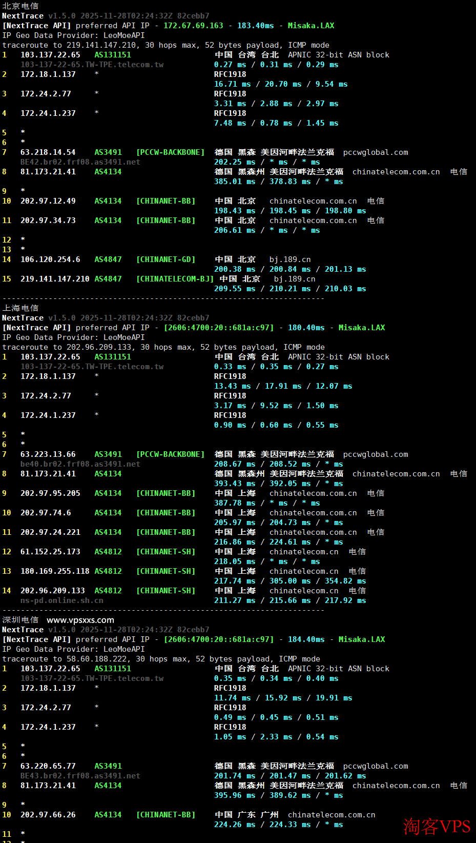 荫云台湾原生IP VPS电信回程路由截图