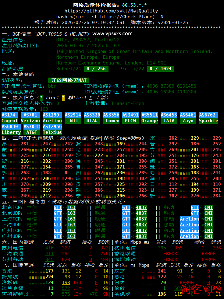 荫云英国新双ISP VPS网络质量体检报告
