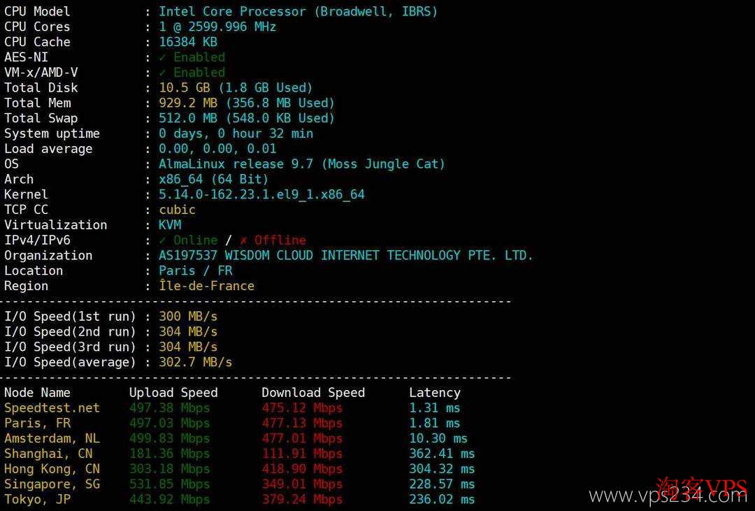 荫云法国家宽VPS 性能测试