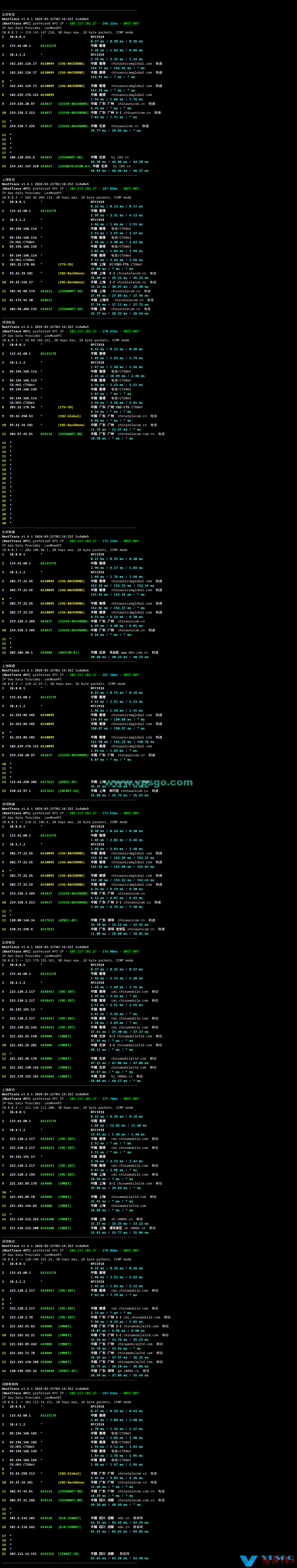 Pia云香港机房路由测试图