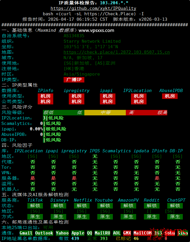 StarryDNS新加坡VPS IP质量检测
